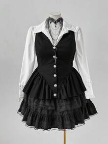 Sunspun Áo khoác Blazer phối viền bèo nhún Color Block thời trang - màu đen - Xem 4