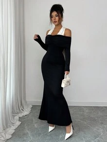 Elenzga 女士精致优雅针织单肩腰包及臀长裙，秋冬派对，女士婚礼宾客礼服 - 黑色 - 查看 6