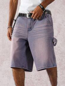 Manfinity EMRG Quần short denim rộng rãi giặt thường ngày cho nam - Màu tím - Xem 4