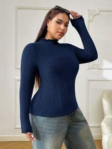 SHEIN EZwear 大码女式休闲百搭海军蓝长袖T恤 - 藏蓝色 - 查看 5