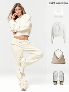 GLOWMODE Waffle Brushed Straight-Leg Elastic Waist Active Pants Casual Daily Wear Warm Winter - Beige - View 6