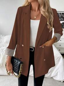 Franclia French Plaid Sleeve Cuff Slightly Fitted Commuter Casual Summer Blazer Brown BrunoWomen's Summer Jacket, Three-Quarter Sleeve Suit Jacket, Summer Outerwear, Casual Jacket, Versatile Suit Jacket - Bronze - View 5