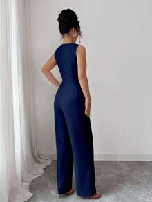 Selianne French Romantic One-Shoulder Sleeveless High Waist Belt Smooth Fabric Metal Buckle Decoration Wide Leg Straight Women Jumpsuit Women Summer Clothing Women Office Clothing Outing Clothing - Navy Blue - View 2