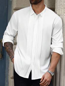 Manfinity Homme Plus Size Men's Casual Everyday Commute Simple Solid Color Fold Pleated Long Sleeve White Shirt, Spring/Autumn, For Fall - White - View 1