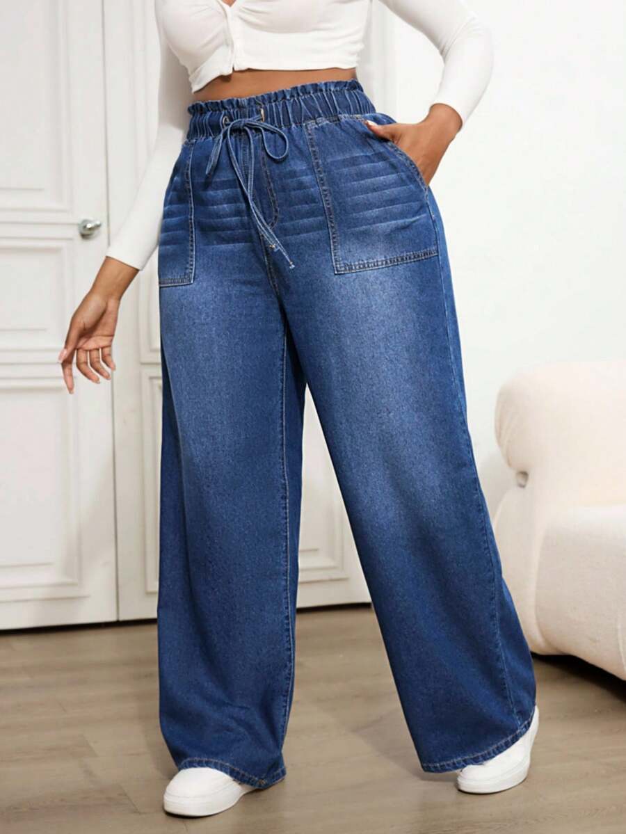 SHEIN CURVE+ 大码宽松直筒松紧腰抽绳牛仔裤 - 中等水洗藍 - 查看 1