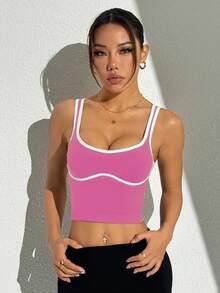 SHEIN Dewbera Áo ba lỗ thể thao thường ngày viền tương phản, phù hợp cho mùa hè - Màu Hồng Tươi - Xem 4