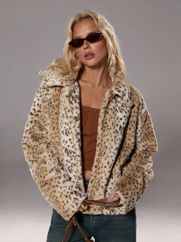 TRNVIE 1 件棕色毛绒豹纹翻领宽松内衬夹克，适合秋冬季办公室、通勤、休闲穿着