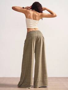 Bohemela Plus Size Women's Solid Color High Waist Loose Pockets Wide Leg Pants - Brown - View 2
