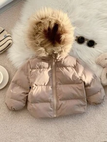 婴儿/男童/女童棉衣、羊毛上衣、加厚冬装、绗缝大衣、温暖柔软、舒适、百搭、休闲、适合室内、室外、日常穿着、运动、玩耍、派对、拍照、节日、万圣节、圣诞节 - 卡其色 - 查看 5