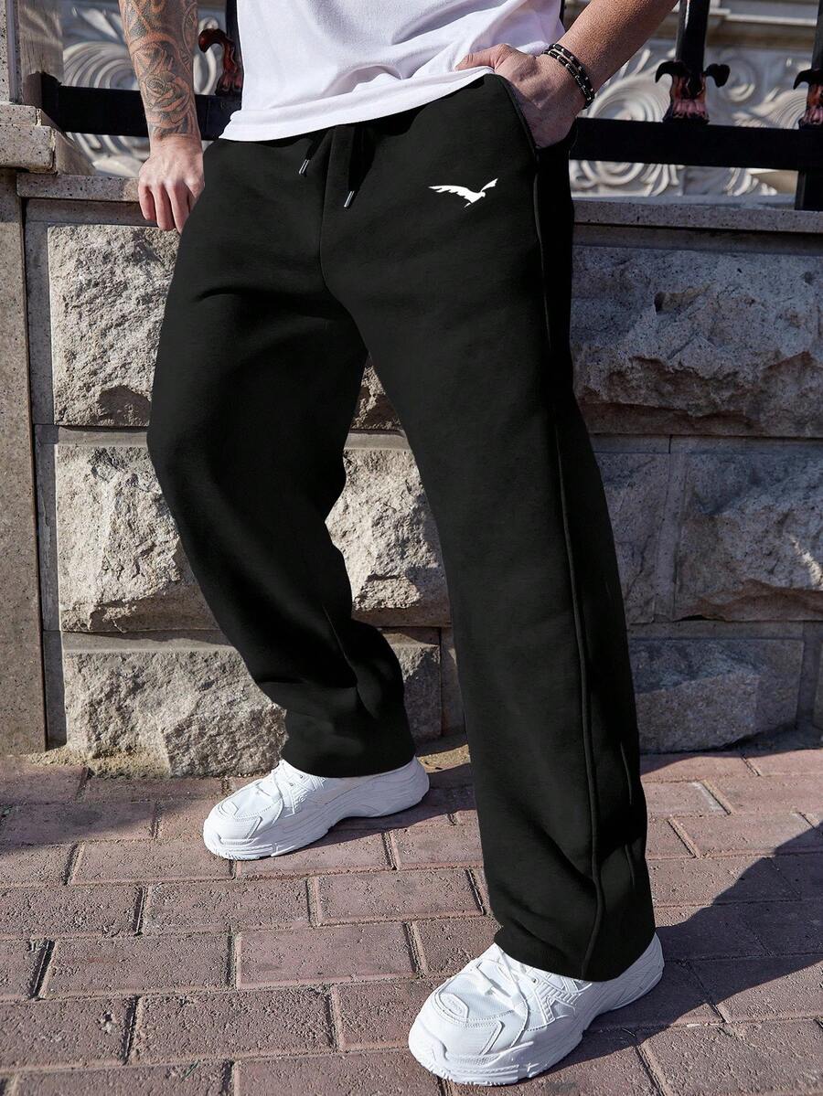 Manfinity Homme Plus Size Men's Eagle Print Drawstring Waist Pocket Casual Sweatpants - Black - View 1