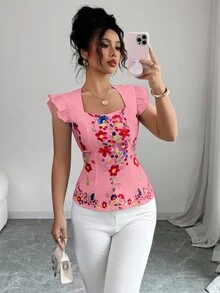 Selianne 女式花卉印花休闲衬衫，鸡心领口，飘袖 - 淺粉色 - 查看 5