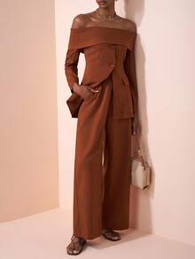 Zivah Hàng mới về mùa hè và thu 2025, Thích hợp cho tiệc sinh nhật, Trở lại trường, Phong cách trường học, Trang phục hàng ngày, Thường ngày, Du lịch du thuyền, Bãi biển, Tắm nắng, Trang phục dạo phố, Thanh lịch, Đi làm, Trang phục công sở thường ngày, Dự tiệc, Áo dài tay trễ vai có túi cài nút, Kết hợp với quần ống rộng, Chất liệu sợi tre màu nâu, Bộ 2 món cho nữ, Trang phục mùa thu - màu nâu - Xem 6