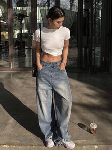 Livesso Women's Vintage Washed Loose Straight Leg Jeans, Casual Street Style, Suitable For Spring, Summer, Autumn