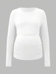 Modmama 休闲纯色圆领长袖高弹力哺乳上衣 - 卡其色 - 查看 8