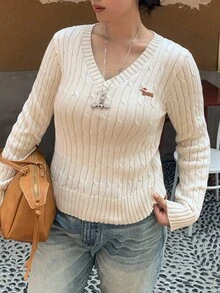 Dazy Plus Women Plus Fall Cartoon Dachshund Dog Embroidery V-Neck Cable Knit Slim Fit Long Sleeve Pullover Sweater, Spring/Autumn - Camel - View 6