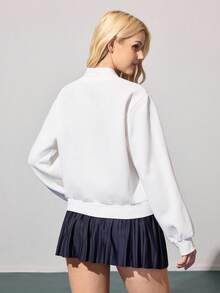 CourtClass 女式秋冬保暖衬里 Polo 领套头衫，宽松版型，个性化网球标语印花，休闲运动网球 Polo 衫 - 白色 - 查看 2