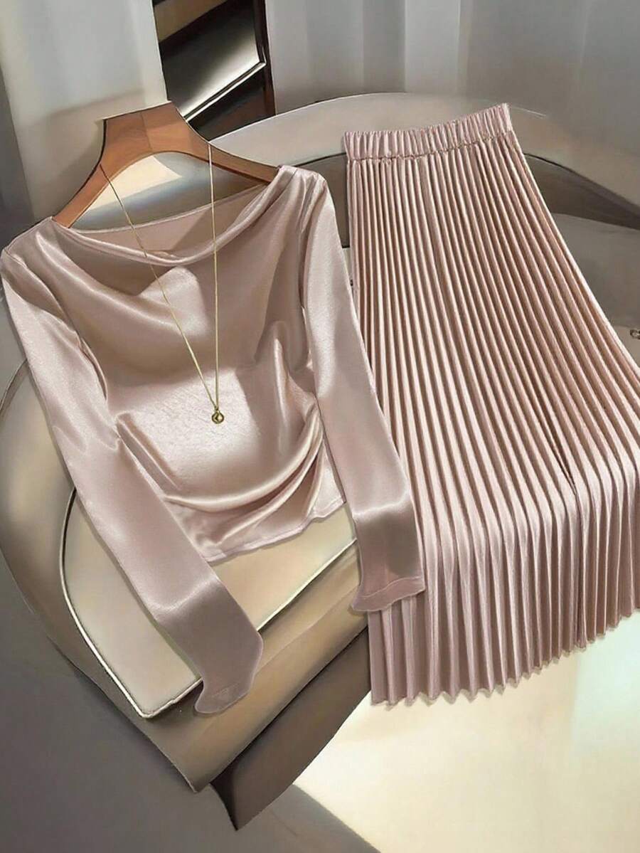 Franclia 女士优雅法式精致优雅荷叶边领衬衫搭配百褶中裙，卡其色西装套装，秋冬 - 卡其色 - 查看 1