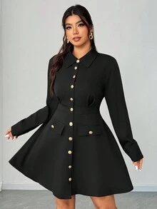 Elenzga 大码女式优雅腰部收紧长袖衬衫裙，简约设计，适合办公室/工作通勤，适合春季、秋季、冬季 - 黑色 - 查看 3