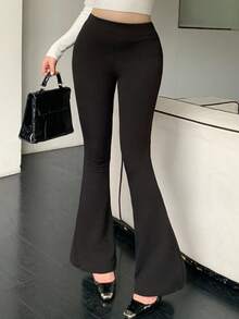 DAZY Women's Elegant Solid Color Flare Pants Winter - Black - View 4