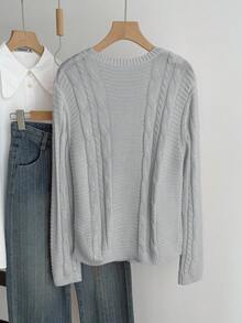 SHEIN Jersey de punto de cuello redondo gris con ajuste holgado, estilo universitario casual minimalista, jersey gris, ropa de mujer, jersey corto, jersey de mujer, jersey gris de manga larga, jersey de otoño e invierno - Gris - Ver 4