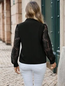 EMERY ROSE Áo sơ mi ren vá họa tiết hoa hướng dương màu trơn thanh lịch dành cho nữ, mùa thu/đông - màu đen - Xem 2