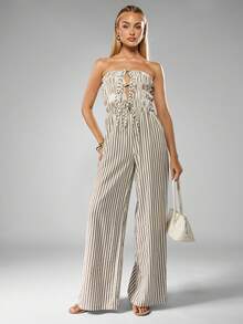 MISSGUIDED Bộ đồ liền thân ống rộng không dây có thân áo nhún bèo, buộc dây phía trước, trang phục đi biển mùa hè, trang phục nghỉ dưỡng, thời trang ngày lễ, quần palazzo không tay - màu nâu - Xem 1