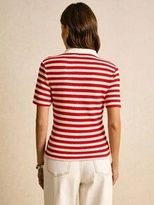 Poéselle Women's Casual Striped Button-Up Short Sleeve T-Shirt, Summer, Red And White Top, Red Stripe Knit Top, Knit Top Women, Stripe Top