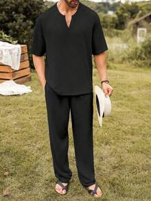 Manfinity Homme 2 件套休闲度假纯色宽松舒适短袖 V 领 T 恤和裤子套装男士衣服男士衬衫灯芯绒休闲两件套男士舒适服装 - 黑色 - 查看 3
