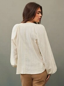 WESTFADE V Neck Lace Up Bow Tie Front Long Lantern Sleeve 100% Cotton Embroidered Top Fall Clothes For Women Cute Country Western Wear Nashville - Beige - View 2