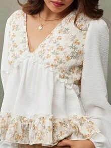 WESTFADE Western Mixed Media Floral Print Woven V Neck Babydoll Long Sleeve Cowgirl Top - Multicolor - View 5