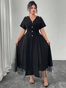 Modelyn 夏季大码优雅纯色网眼拼布连衣裙