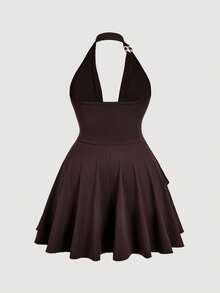 SHEIN MOD 大码复古 70 年代不对称迷你连衣裙，带有荷叶边细节、露背领口、串珠装饰、分层蛋糕下摆和垂坠领口 - 灵感来自 Y2K，非常适合海岛度假、派对、约会、生日庆祝、下午茶和节日，夏季连衣裙、秋季服装，适合外出 - 棕色 - 查看 3