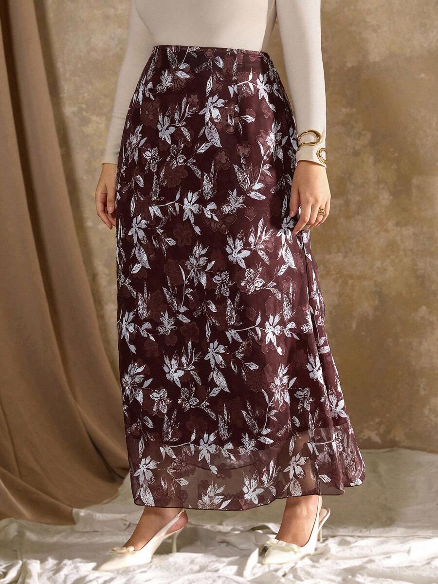 Flirla Plus Size 1 Piece Woven European & American Fitted Slimming Elegant Jacquard Skirt For Women - Brown - View 1