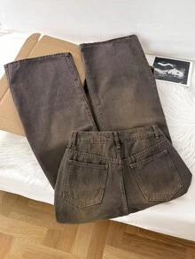 Comfortcana Quần Jeans Ống Rộng Thường Ngày Rộng Rãi Giặt Sạch Cho Nữ - màu nâu - Xem 2