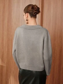 Uhlyne Women's Elegant Contrast Trim Long Sleeve Collared Cardigan, Autumn  Business Casual Woman  Office Attire For Women Business Professional Women - Grey - View 2