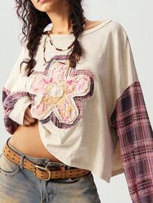 Bohemela Blusas holgadas de punto con parches, cuello redondo y manga larga caída para mujeres