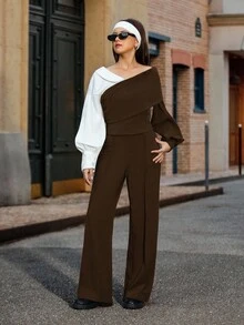 SHEIN 2pcs Teen Girls Casual Urban Splice Contrast Color 2 In 1 Shirt And Wide Leg Pants Suit - Multicolor - View 3