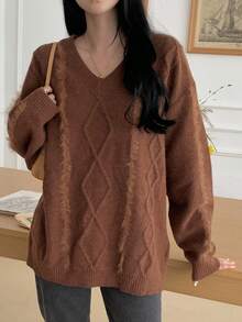 DAZY Damen Loose Fit V-Ausschnitt Langarm einfarbiger Vintage Lässig Strickpullover, Herbst/Winter - Braun - Übersicht 7