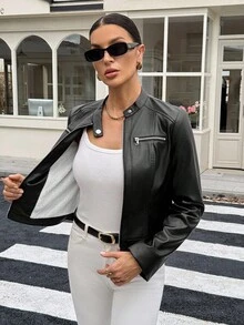 SHEIN Tall Slim Fit PU Jacket With Zipper And Thermal Lined ,Black Pu Leather Turtleneck Flannel Jacket, PU Leather Casual Streetwear Long Sleeve Women Regular Jacket For Fall/Winter, Leather Fleece Jacket - Black - View 7