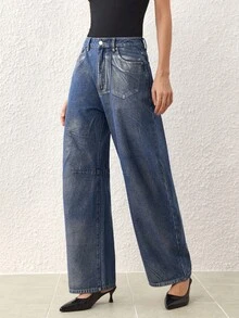 SHEIN Frenchy Damen Jeans mit Metallic-Effekt, locker geschnitten, Lässig, Tapered Bein - Blau - Übersicht 6