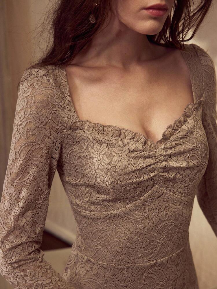 VESTIDO DE MUJER CON CUELLO DE CORAZÓN, VOLANTES DE ENCAJE, VESTIDO ELEGANTE Y ROMÁNTICO PARA DÍAS FESTIVOS