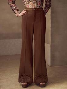 MOTF PREMIUM SLIM-FIT FLARED PANTS WITH LACE HEM AND LEATHER TRIM, COFFEE COLOR - Brown - View 3