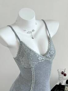 Elamini Women's V-Neck Lace Patchwork Summer Vacation Wear Knitted Stretch High-Waisted Ribbed Casual Sexy Tank Top - Grey - View 6