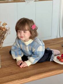 DAZY 女宝宝格子针织毛衣韩版甜美清新长袖秋冬 - 藍色 - 查看 12