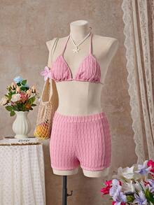 SHEIN Swim 女士纯色简约吊带比基尼泳装 - 粉色 - 查看 1