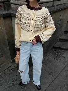 Livesso Women's Colorblock Cardigan With Fair Isle Style Winter - Beige - View 6