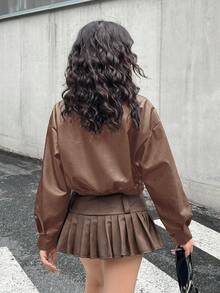 SHEIN 少女棕色领纯色 PU 皮夹克，短款休闲夹克，时尚街头运动拉链 PU 夹克，棕色百搭外套，返校季 - 棕色 - 查看 2