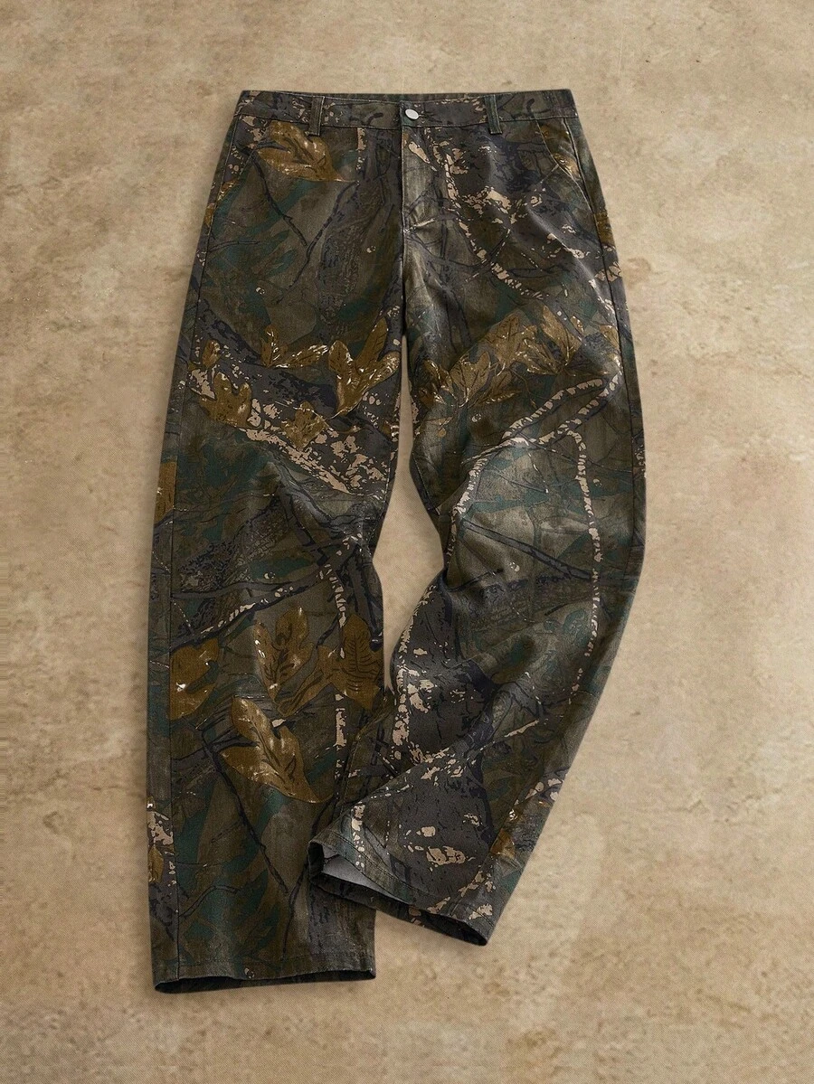 Manfinity NXTstreet 男士休闲树枝印花中腰直筒牛仔裤 男士迷彩裤 迷彩宽松裤 男士节日裤 迷彩工装裤 - 軍綠色 - 查看 1