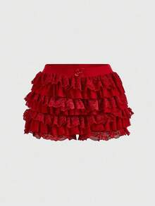 Coolane 青少年女孩春夏/可爱/街头风格蕾丝弹力撞色蕾丝白色短裤 - 紅色 - 查看 7