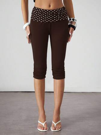 ROMWE Avant Pantalones capri de mujer con estilo Y2K, vintage, con estampado de lunares y patchwork, fruncidos, inspirados en las vacaciones sicilianas